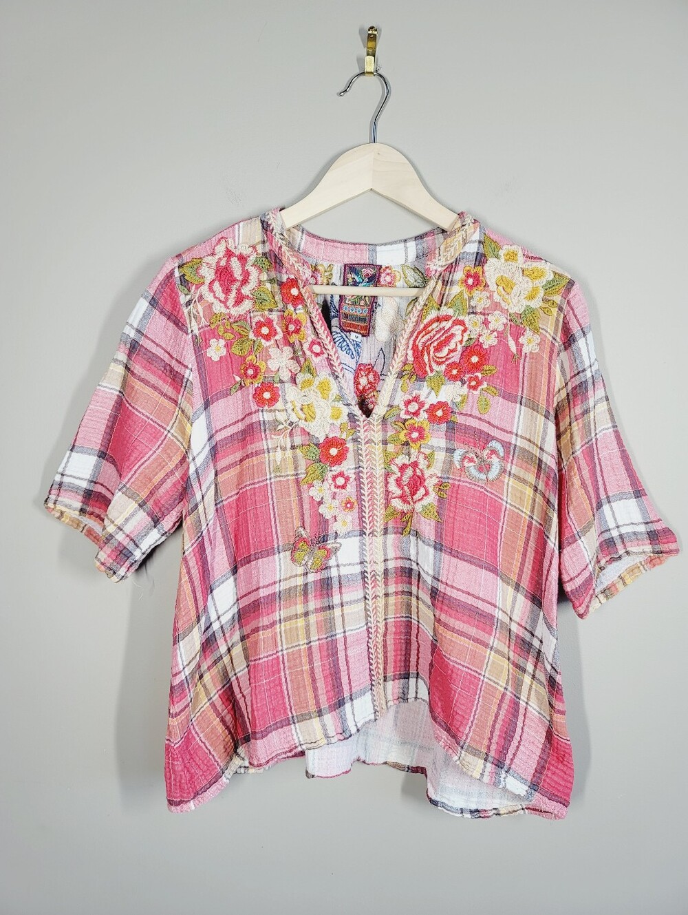 Johnny Was Embroidered Pink Plaid Top, Size Medium